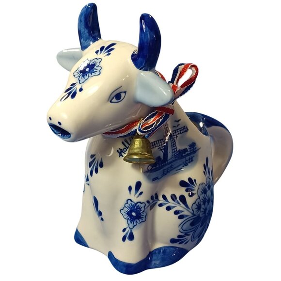 Vtg Hand-Painted Delft Blue Dutch Cow Creamer Pitcher W/ Windmill Floral Design - Picture 7 of 13